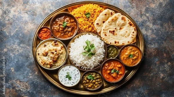 Obraz Authentic Indian thali curry bowls naan rice lentils chutneys brass utensils traditional textile background no faces