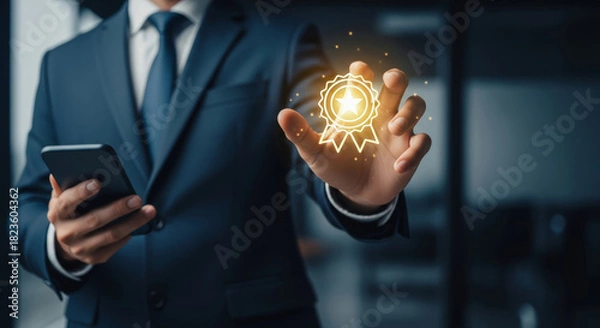 Obraz Confident hr professional uses smart hiring system for quality standard certification. Business technology guarantee top