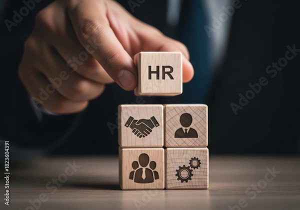 Fototapeta Focused man building smart hr hiring system with wooden block for business management and recruitment strategy concept