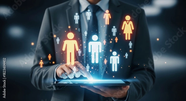 Obraz Focused businessman using smart hr system for hiring process. Digital human resource technology for recruitment