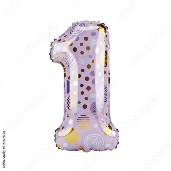 Fototapeta Festive Lavender Number One Balloon with Gold and White Polka Dots and Swirls for Celebrations
