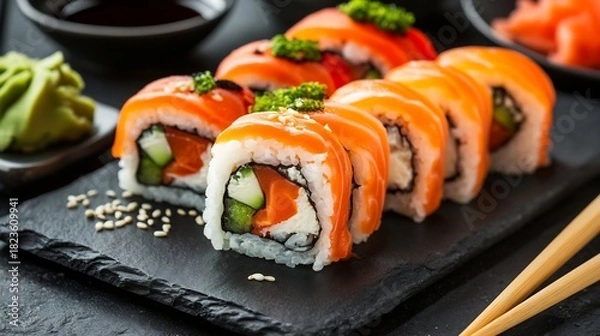 Obraz Authentic Japanese sushi rolls arranged dark slate board with soy sauce wasabi chopsticks and seaweed background no faces restaurant lighting