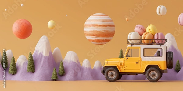 Fototapeta Yellow toy car with macarons on roof travels through whimsical landscape with floating planets and purple mountains, evoking sense of adventure and curiosity