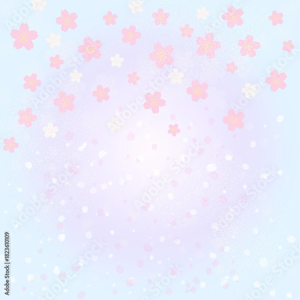 Obraz パステル桜のロマンティックプリンセス和柄デザインペーパー ー ふわっと舞う桜の花びらとキラキラしたブルーラベンダーのグラデーションが可愛い、春の女子向けロマンティック背景デザインペーパー、マスキングシール、フレークシール、手帳デコ素材に最適。招待状やSNS素材、推し活グッズにも。