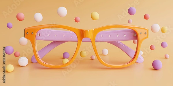 Fototapeta Colorful orange glasses with purple arms are surrounded by floating pastel spheres on soft orange background, creating playful and whimsical atmosphere
