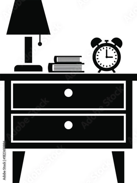 Fototapeta Silhouette Of Nightstand Table Lamp Books And Clock Vector Illustration Isolated On Transparent Background For Interior Design