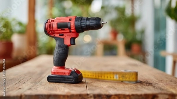Obraz A vibrant red cordless drill sits prominently on a rustic wooden table, accentuating its modern design and functionality.