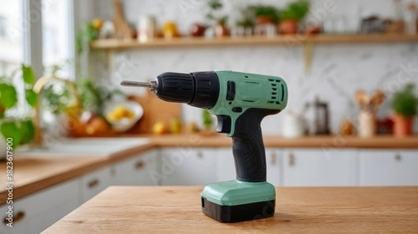 Obraz A teal cordless power drill rests on a wooden kitchen countertop, surrounded by bright greenery and warm kitchen decor.