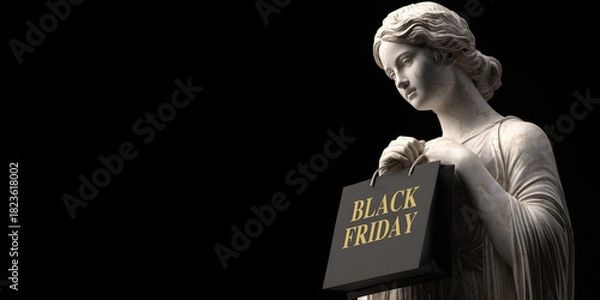 Fototapeta Extreme close-up, portrait of a classical white marble statue of a young woman holding a black shopping bag with gold “BLACK FRIDAY” text, isolated on black background with copy space. Generative Ai.