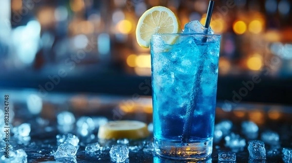 Obraz Blue lagoon mocktail crushed ice lemon slice bar counter background cinematic lighting summer refreshment