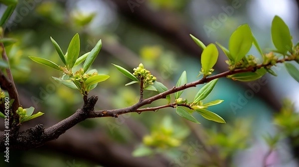 Fototapeta A close-up shot of a tree branch with delicate, fresh green leaves or small buds emerging, soft bokeh background, symbolizing new beginnings, growth, and vitality