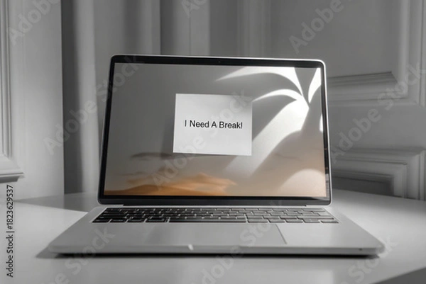 Obraz Motivational Reminder for Rest on Laptop Screen.  Perfect for articles about burnout, remote work stress, productivity breaks, and mental health awareness.