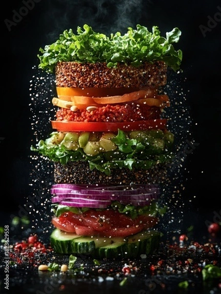 Fototapeta Veggie Burger Layers in Artistic Floating Formation. Ideal for healthy eating campaigns, vegan branding, or modern food photography showcases.
