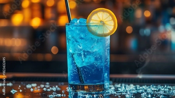 Obraz Blue lagoon mocktail crushed ice lemon slice bar counter background cinematic lighting summer refreshment