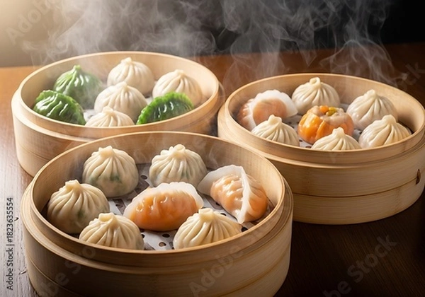 Fototapeta Traditional chinese dim sum dumplings steaming in bamboo baskets