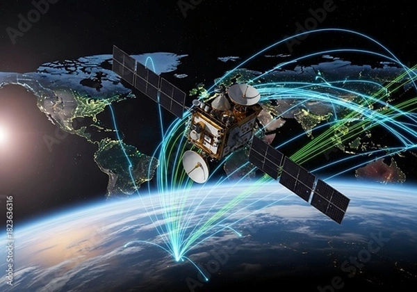 Fototapeta Advanced satellite orbiting earth, facilitating global communication and data