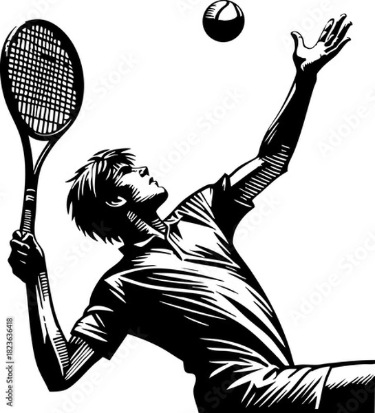 Fototapeta Dynamic Tennis Serve Illustration: Male Player Action Shot. Striking black and white line art capturing the power and focus of a tennis professional performing a vertical smash.
