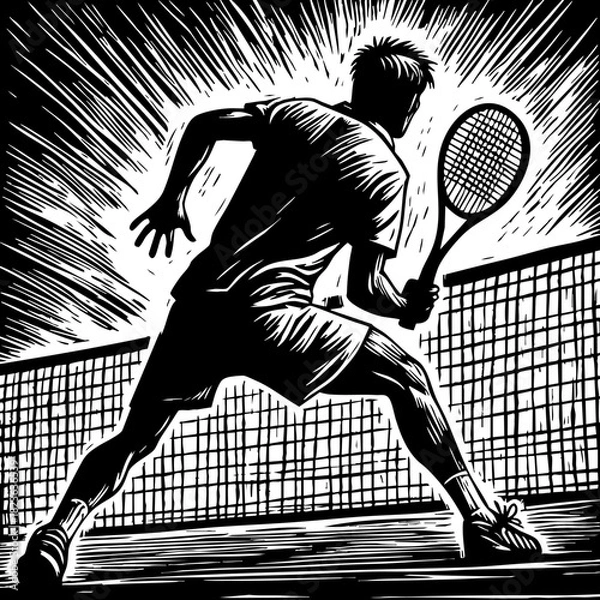 Fototapeta Low Volley Tennis Shot: Determined Player at the Net. Bold black and white woodcut illustration capturing the defensive or attacking stance and focus near the court net.