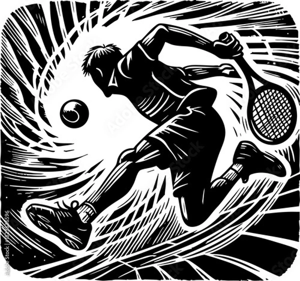 Fototapeta Speed and Power: Tennis Player in Dynamic Mid-Air Stroke. Black and white woodcut art capturing the intense motion and focus of the athlete, suitable for sport design.