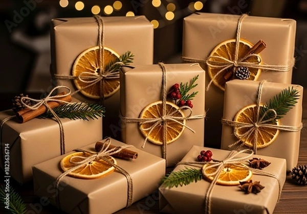 Fototapeta Christmas gifts wrapped in craft paper with natural decorations and bokeh lights