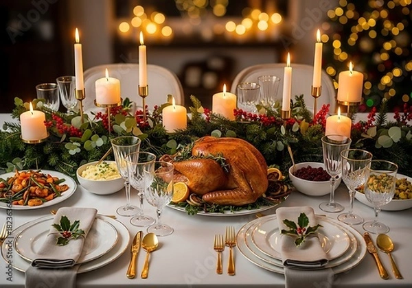Fototapeta Traditional christmas dinner setting with turkey, candles, and decorations
