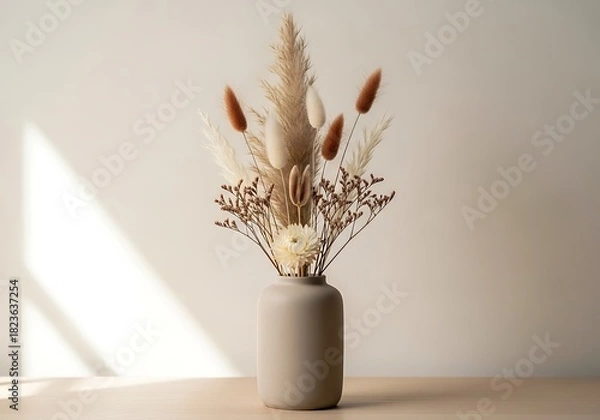 Fototapeta Elegant dried flower bouquet with pampas grass in a minimalist vase