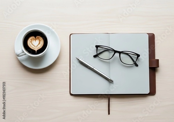 Fototapeta Coffee cup with heart latte art, notebook, pen, and eyeglasses on wooden table