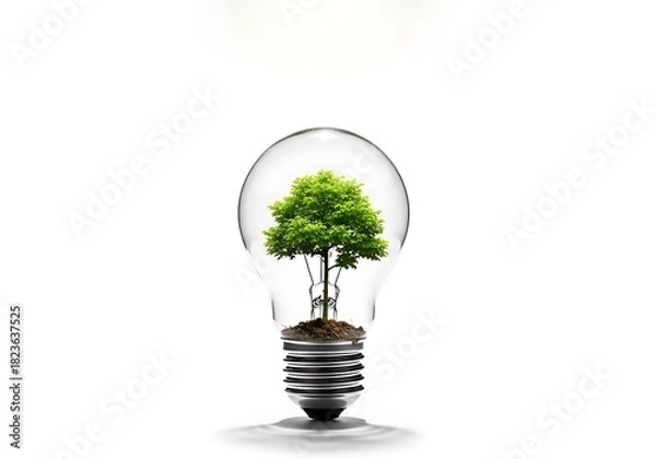 Fototapeta Tree in light bulb, symbolizing green energy, isolated on white background