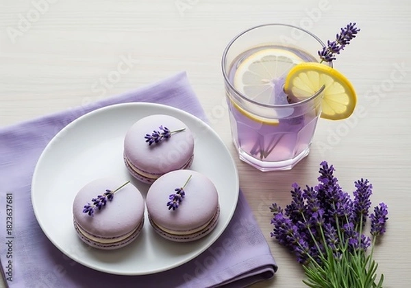 Fototapeta Lavender macarons and lemonade with fresh flowers on a light wooden table