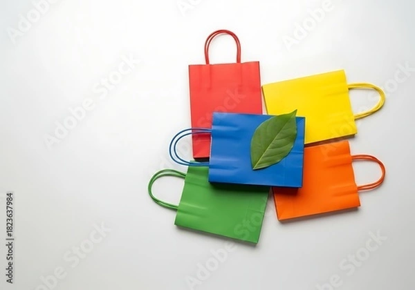 Fototapeta Colorful miniature shopping bags with a green leaf, isolated on white