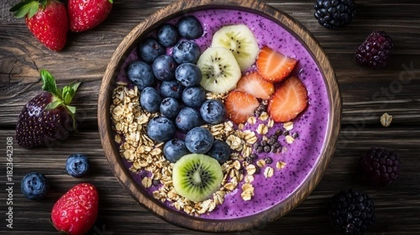 Obraz Blueberry smoothie bowl topped granola and fruits wooden background healthy breakfast concept overhead photography style