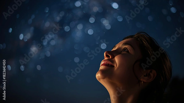 Fototapeta Parent looking at night sky, symbolic reflection, stars and emotion. Whispering to the Stars. 