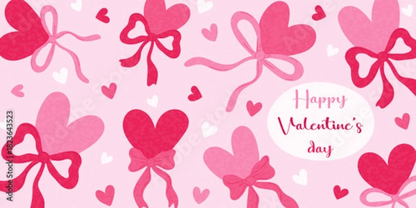 Obraz A pink background with hearts and ribbons is a festive design for a Valentine's Day greeting card. The concept of love and romance sets the holiday mood.