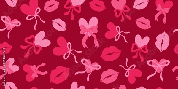 Fototapeta Seamless pattern with pink hearts, bows, and lips. Decorative background for Valentine's Day, wedding cards, romantic occasions, and sweet designs.