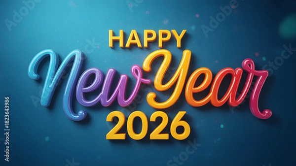 Fototapeta Vibrant Happy New Year 2026 wishes, festive typography to celebrate new beginnings, share joy and positive vibes for a bright future ahead