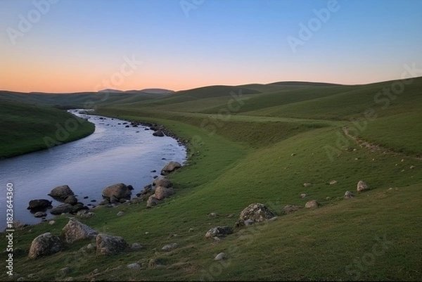 Fototapeta A Casual Peaceful River Landscape with Rolling Green Hills at Sunset