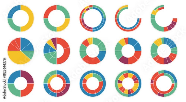 Fototapeta Collection of colorful circular diagrams and pie charts for business data visualization