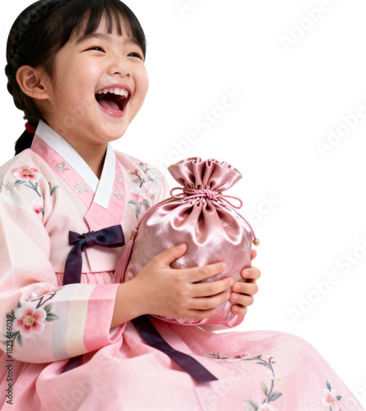 Fototapeta 분홍한복입고복주머니받고웃는한국소녀