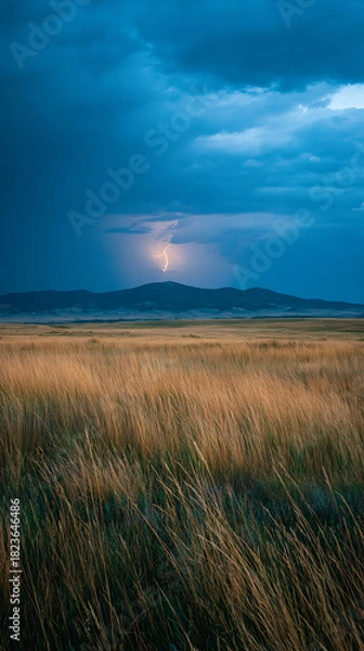 Fototapeta Nature's Fury Stormy Field with Lightning Bolt