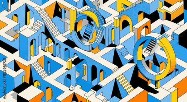 Fototapeta Isometric perspective of an impossible geometric structure creating a maze