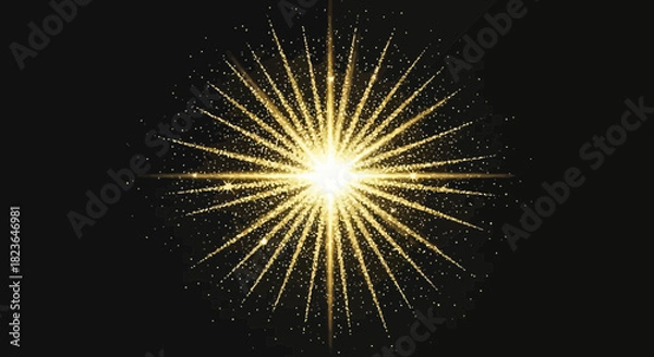Fototapeta Radiant golden light burst with shimmering particles on black background