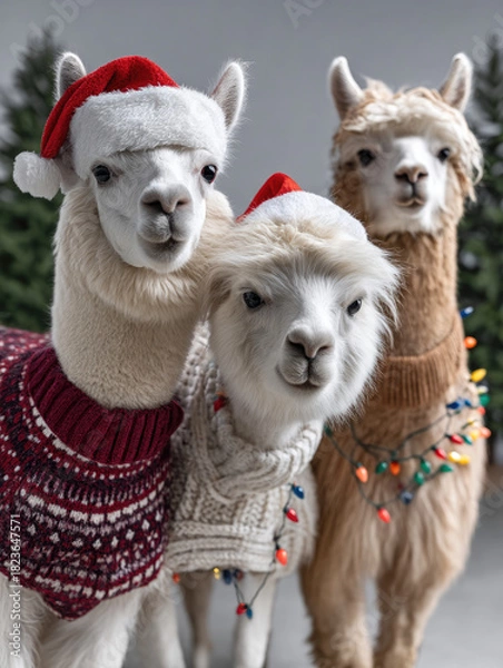 Fototapeta Group of alpacas wearing festive sweaters and Santa hats, decorated with holiday lights, standing indoors with pine trees, joyful mood