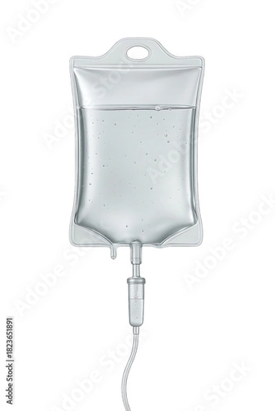 Fototapeta Sterile IV infusion bag with clear saline solution isolated on transparent background for medical, hospital, and healthcare use, transparent drip bag, PNG