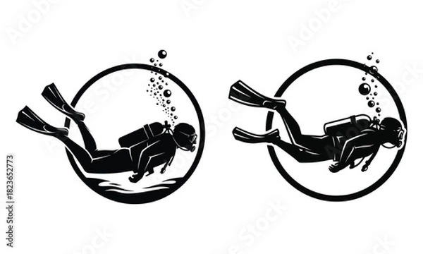 Fototapeta Scuba diver silhouettes in circular frames and ocean bubbles