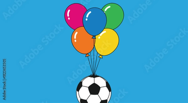 Fototapeta Celebrate game day with a vibrant soccer ball and colorful balloons floating against a bright blue background for your party or event design
