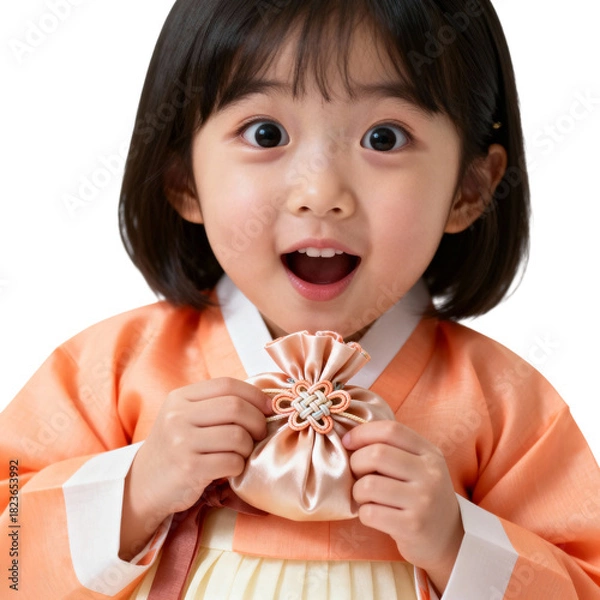 Fototapeta 한복입은소녀가복주머니를들고놀라는모습