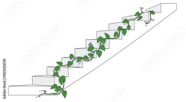 Fototapeta Stunning minimalist staircase with vibrant green ivy vine climbing up, perfect for adding a touch of nature to your design concepts