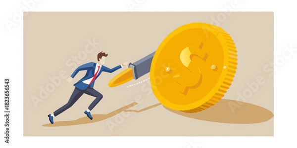 Fototapeta Businessman pushing a giant coin up a steep hill