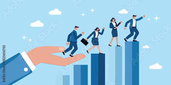 Obraz Business people ascending career ladder with helping hand