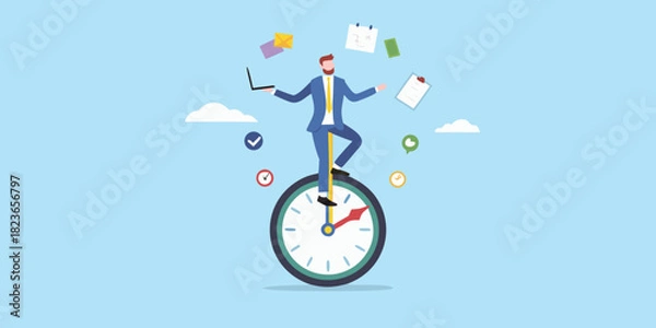 Fototapeta Businessman balancing on a clock with tasks floating around him